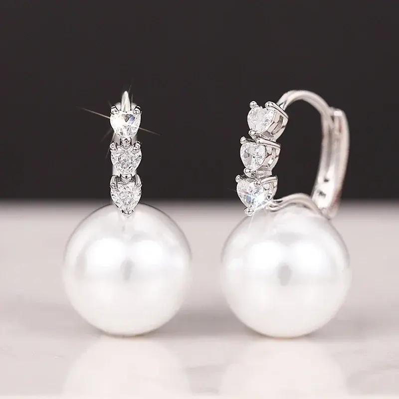 Huitan Delicate Simulated Pearl Drop Earrings Lady Engagement Accessories Bright Cubic Zirconia Jewelry for Wedding Ceremony