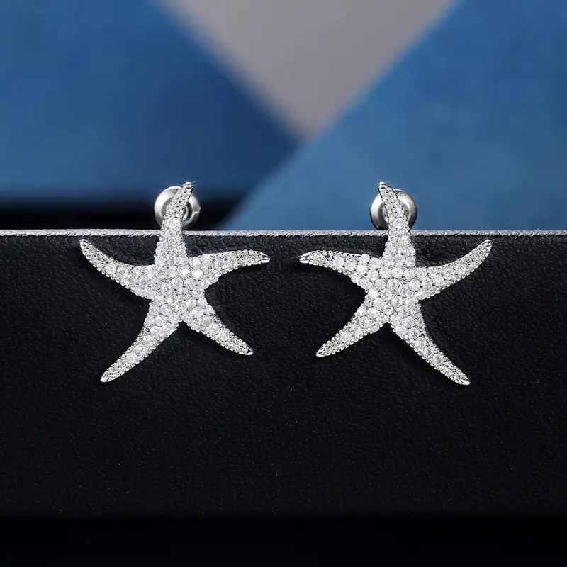 Huitan Luxury Silver Color Starfish Stud Earrings Women Micro Paved CZ Crystal Five-pointed Star Statement Jewelry Drop Shipping
