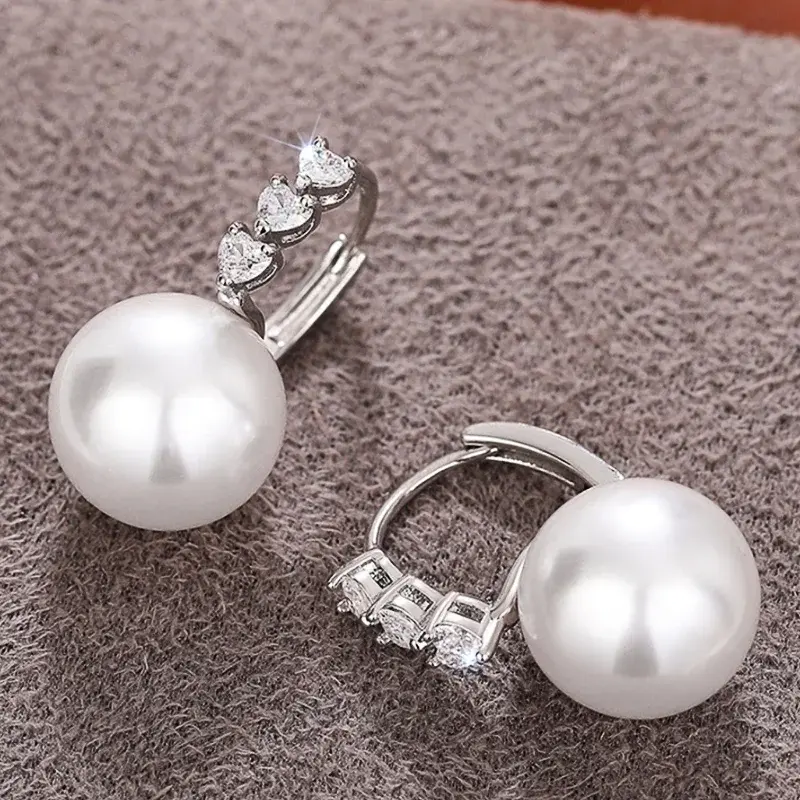 Huitan Delicate Simulated Pearl Drop Earrings Lady Engagement Accessories Bright Cubic Zirconia Jewelry for Wedding Ceremony