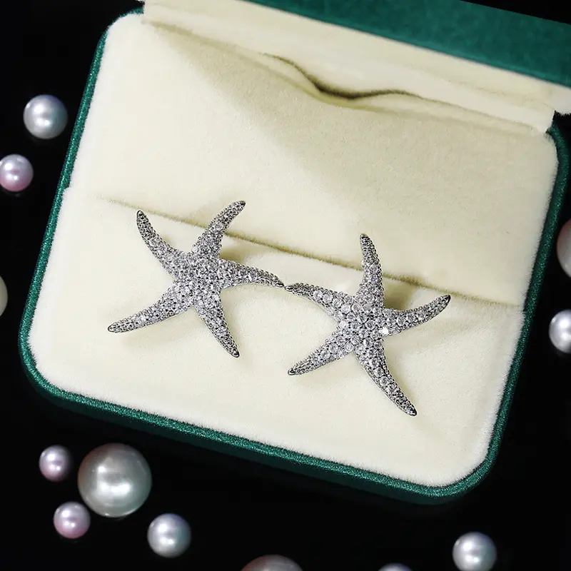 Huitan Luxury Silver Color Starfish Stud Earrings Women Micro Paved CZ Crystal Five-pointed Star Statement Jewelry Drop Shipping