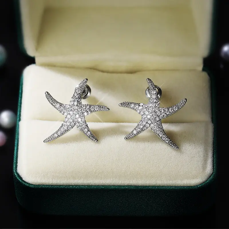 Huitan Luxury Silver Color Starfish Stud Earrings Women Micro Paved CZ Crystal Five-pointed Star Statement Jewelry Drop Shipping