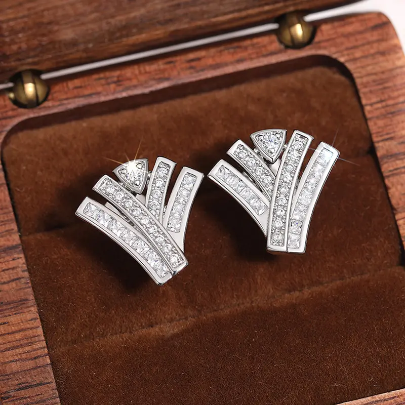 Huitan Trendy Geometric Stud Earrings with Crystal Cubic Zirconia Exquisite Silver Color Ear Stud for Women Fashion Jewelry
