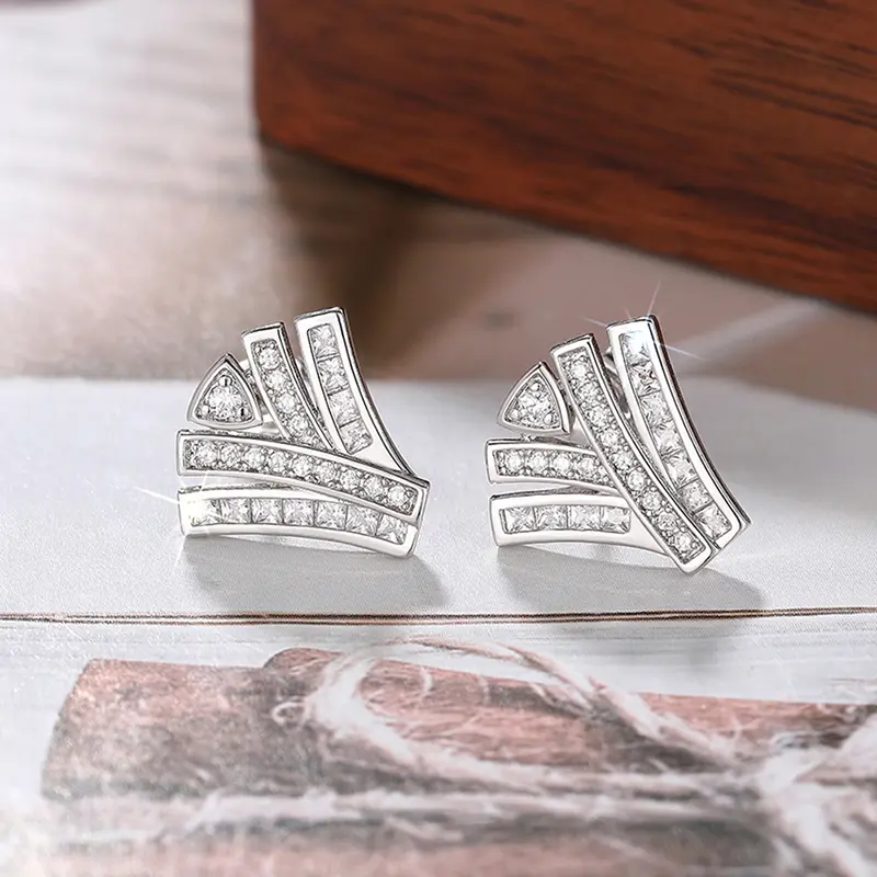 Huitan Trendy Geometric Stud Earrings with Crystal Cubic Zirconia Exquisite Silver Color Ear Stud for Women Fashion Jewelry