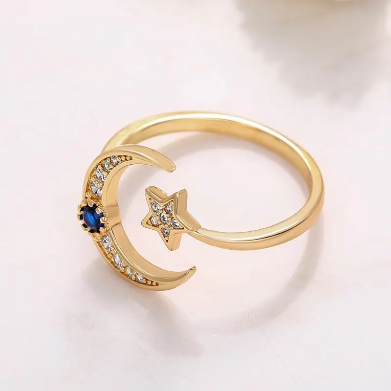 Huitan Fancy Moon Star Opening Rings for Female Gold Color Temperament Sweet Girls Finger Rings Daily Wear Statement Jewelry New