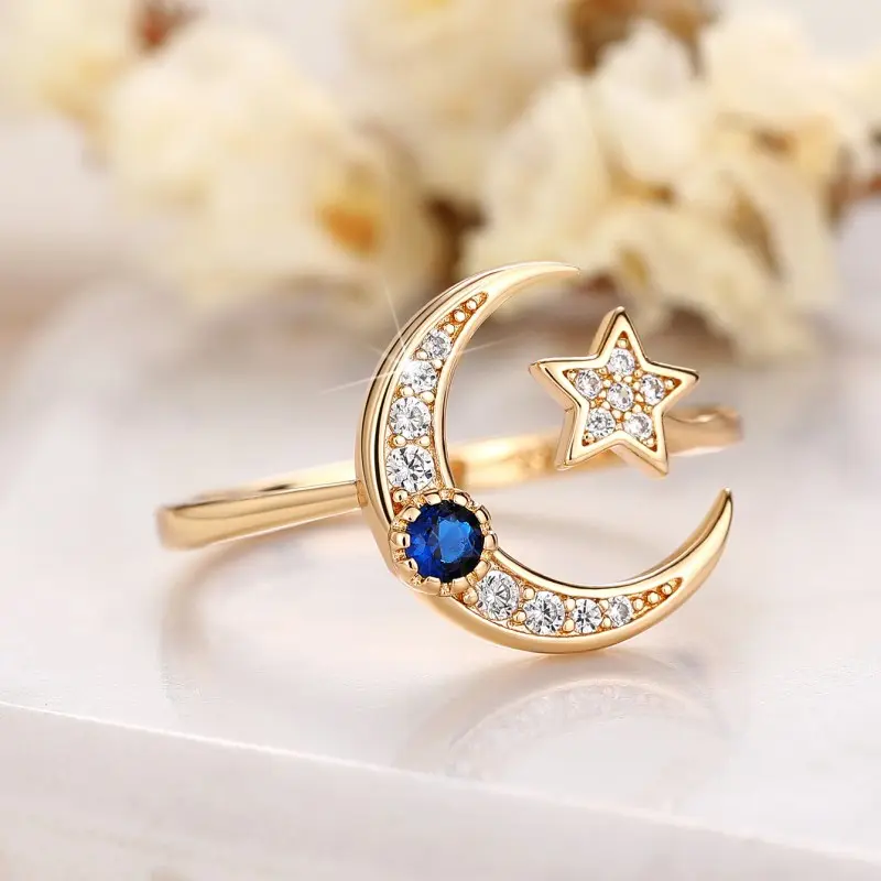 Huitan Fancy Moon Star Opening Rings for Female Gold Color Temperament Sweet Girls Finger Rings Daily Wear Statement Jewelry New