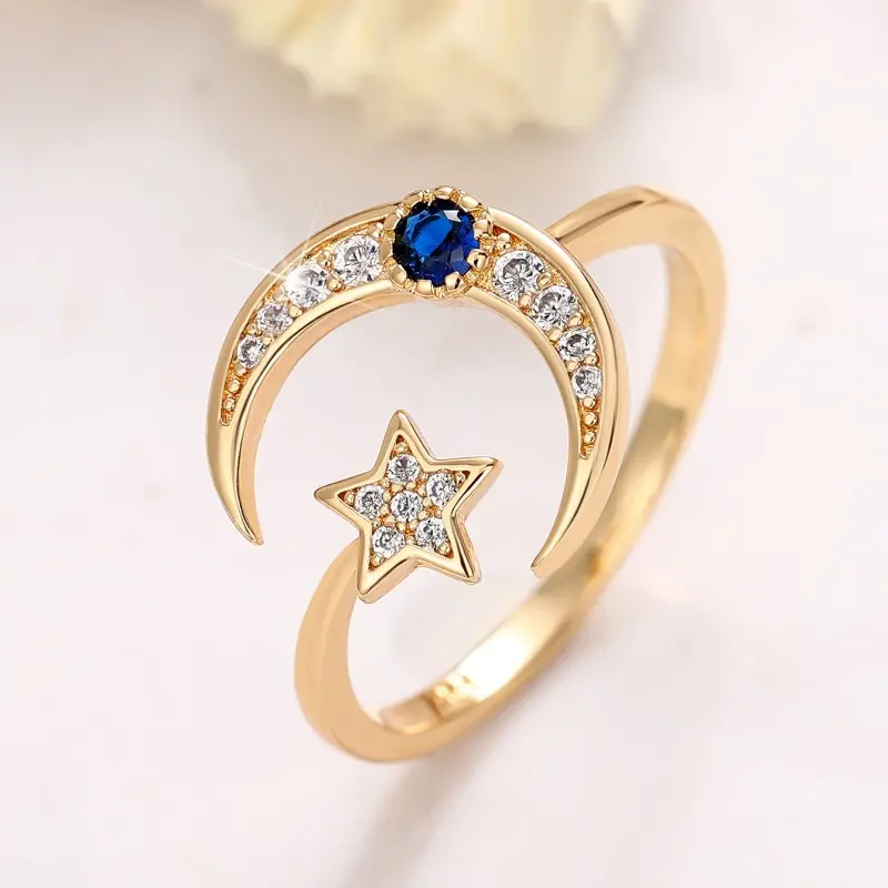 Huitan Fancy Moon Star Opening Rings for Female Gold Color Temperament Sweet Girls Finger Rings Daily Wear Statement Jewelry New