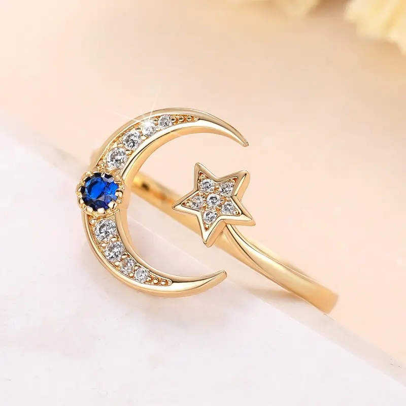 Huitan Fancy Moon Star Opening Rings for Female Gold Color Temperament Sweet Girls Finger Rings Daily Wear Statement Jewelry New