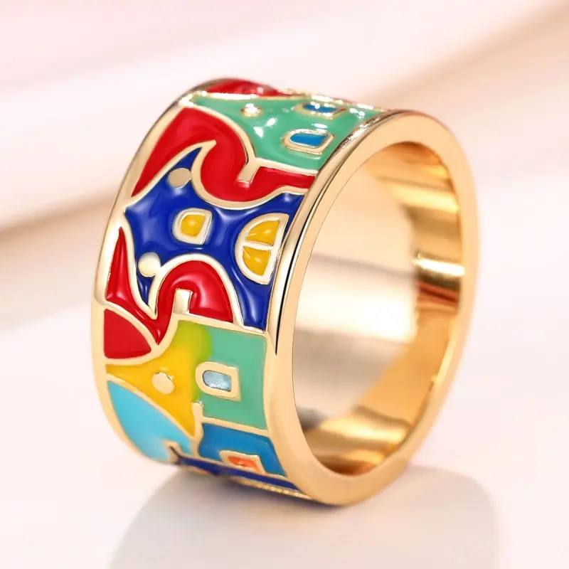 Huitan Newly Designed Enamel Rings for Women Houses Pattern Handmade Female Ring Temperament Finger Accessory Fancy Gift Jewelry