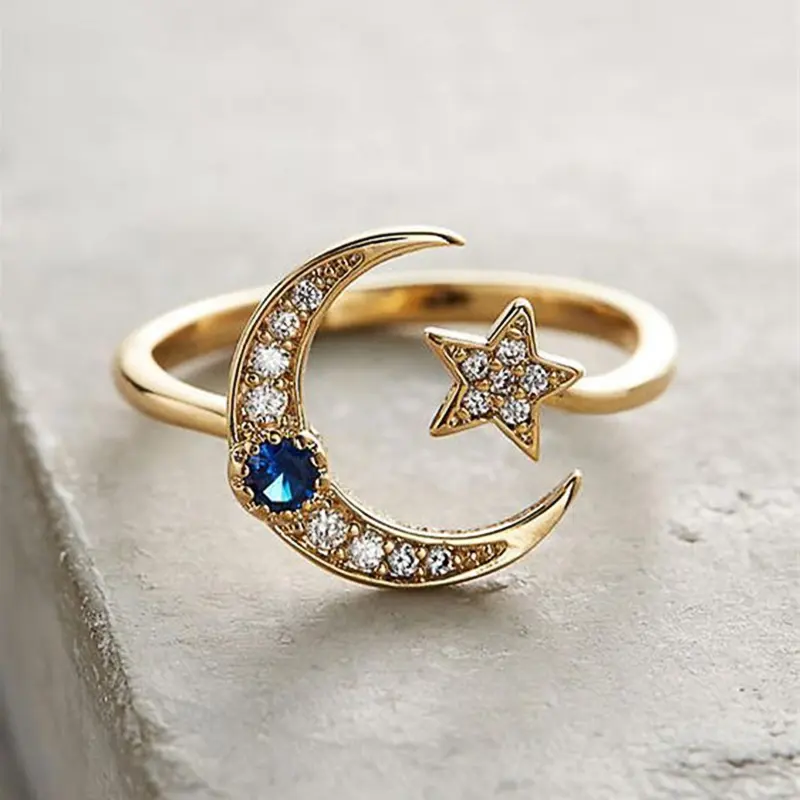 Huitan Fancy Moon Star Opening Rings for Female Gold Color Temperament Sweet Girls Finger Rings Daily Wear Statement Jewelry New