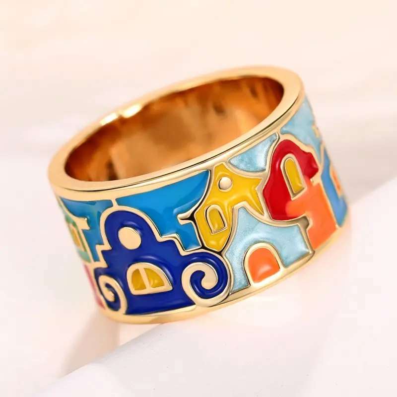 Huitan Newly Designed Enamel Rings for Women Houses Pattern Handmade Female Ring Temperament Finger Accessory Fancy Gift Jewelry