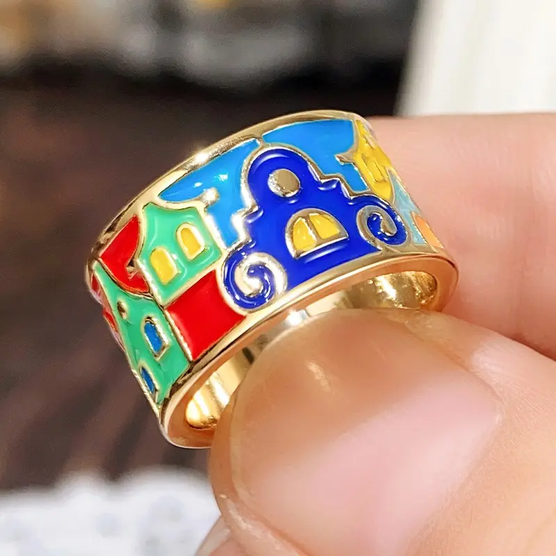 Huitan Newly Designed Enamel Rings for Women Houses Pattern Handmade Female Ring Temperament Finger Accessory Fancy Gift Jewelry
