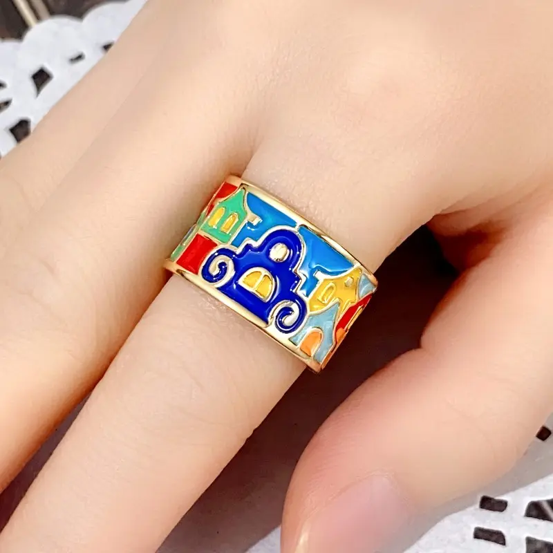 Huitan Newly Designed Enamel Rings for Women Houses Pattern Handmade Female Ring Temperament Finger Accessory Fancy Gift Jewelry