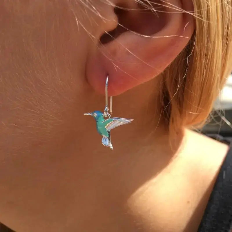 Huitan Green Blue Enamel Bird Hanging Earrings Women Bohemia Style Vocation Earrings for Female Fancy Gift Fashionable Jewelry