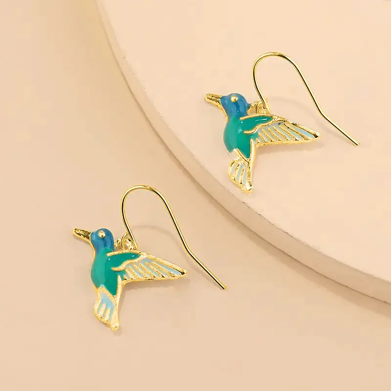 Huitan Green Blue Enamel Bird Hanging Earrings Women Bohemia Style Vocation Earrings for Female Fancy Gift Fashionable Jewelry