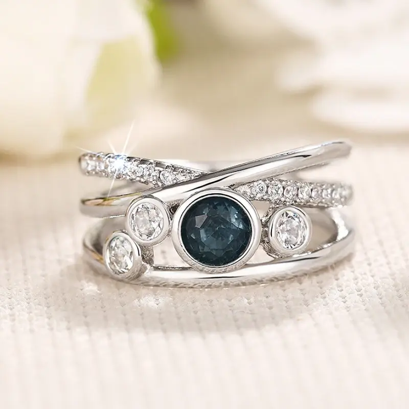 Huitan Trendy Cross Silver Color Finger Ring Female Shiny Blue Zirconia Accessories for Engagement Party Fashion Jewelry Gift