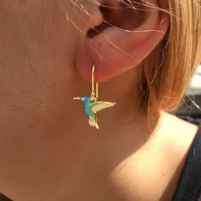 Huitan Green Blue Enamel Bird Hanging Earrings Women Bohemia Style Vocation Earrings for Female Fancy Gift Fashionable Jewelry