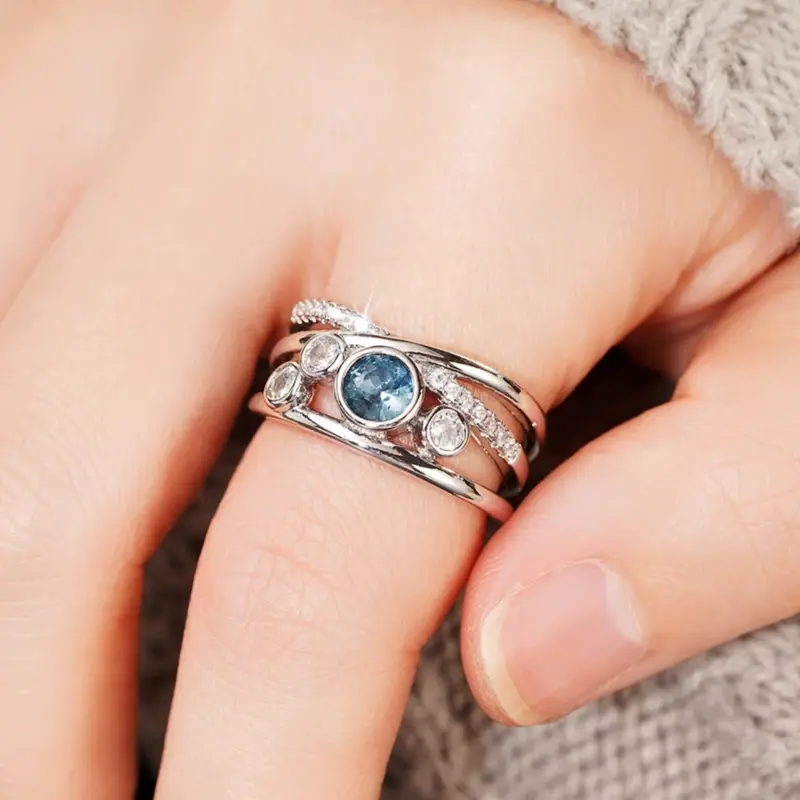 Huitan Trendy Cross Silver Color Finger Ring Female Shiny Blue Zirconia Accessories for Engagement Party Fashion Jewelry Gift