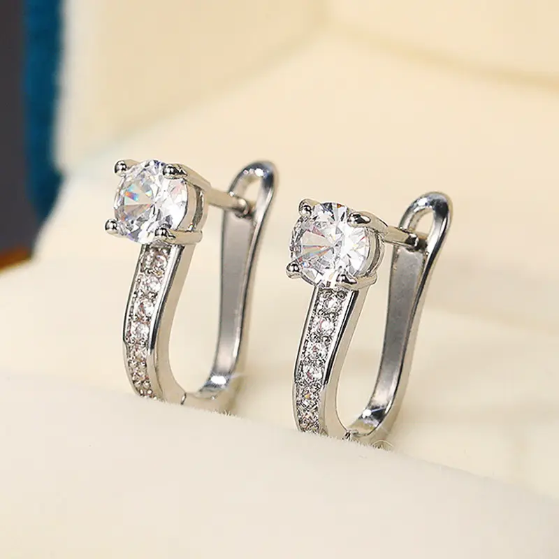 Huitan U Hoop Earrings Trend Crystal Cubic Zirconia Ear Circle Earrings for Women Simple Design Versatile Lady's Fashion Jewelry