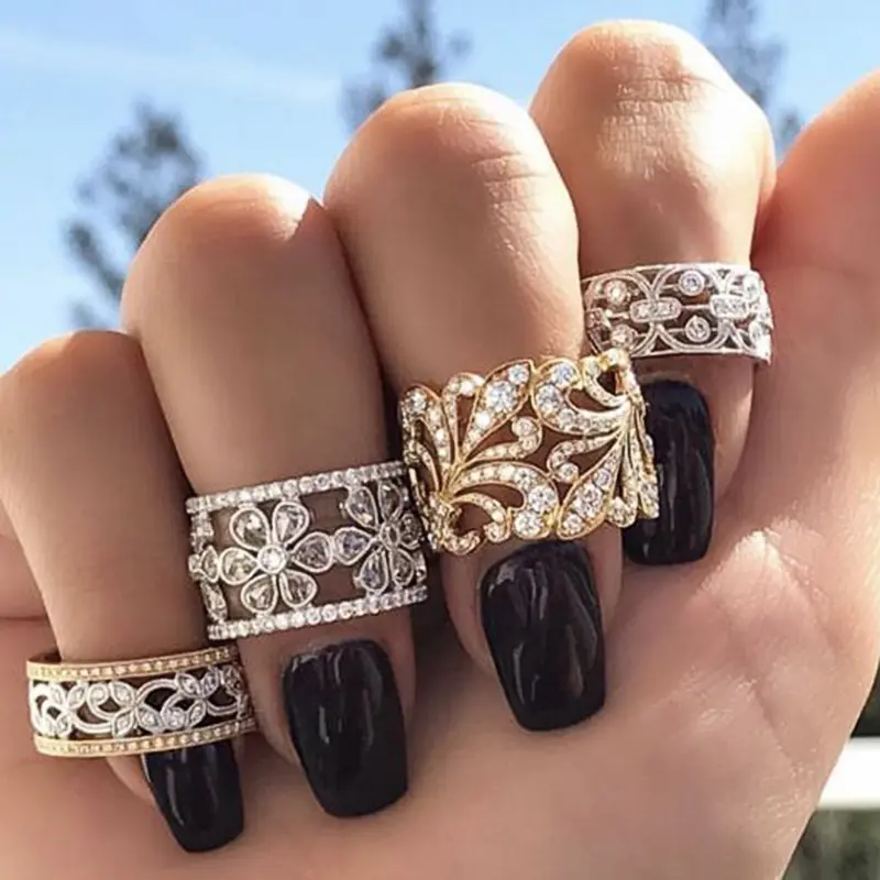 Huitan New Luxury Women Rings Modern Fashion Design Wedding Bands Hollow Out Finger Rings with Sparkling CZ 2023 Trendy Jewelry