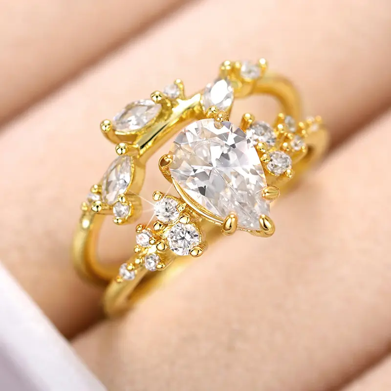 Huitan Trendy Bridal Sets Rings with Waterdrop Cubic Zirconia Romantic Women's Accessories Anniversary Party New Luxury Jewelry
