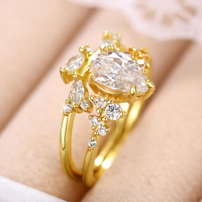 Huitan Trendy Bridal Sets Rings with Waterdrop Cubic Zirconia Romantic Women's Accessories Anniversary Party New Luxury Jewelry