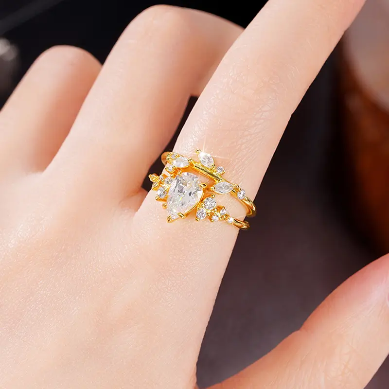 Huitan Trendy Bridal Sets Rings with Waterdrop Cubic Zirconia Romantic Women's Accessories Anniversary Party New Luxury Jewelry