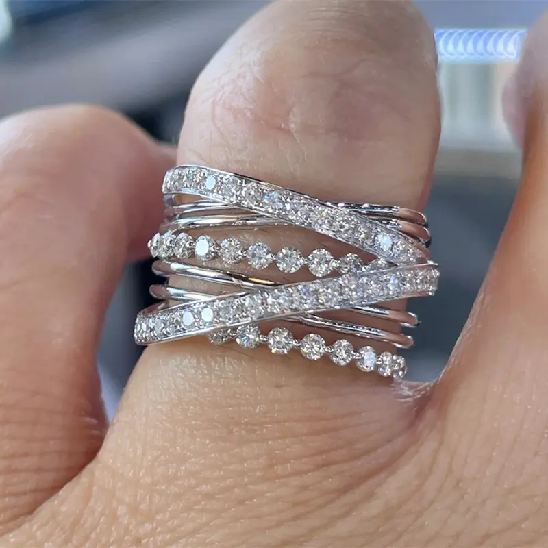 Huitan Trendy Multi-layers Cross Rings for Women Luxury Fashion Wedding Bands Accessories Party Modern Cubic Zirconia Jewelry