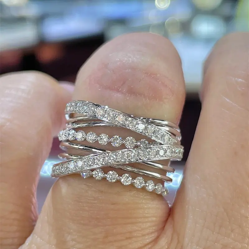 Huitan Trendy Multi-layers Cross Rings for Women Luxury Fashion Wedding Bands Accessories Party Modern Cubic Zirconia Jewelry