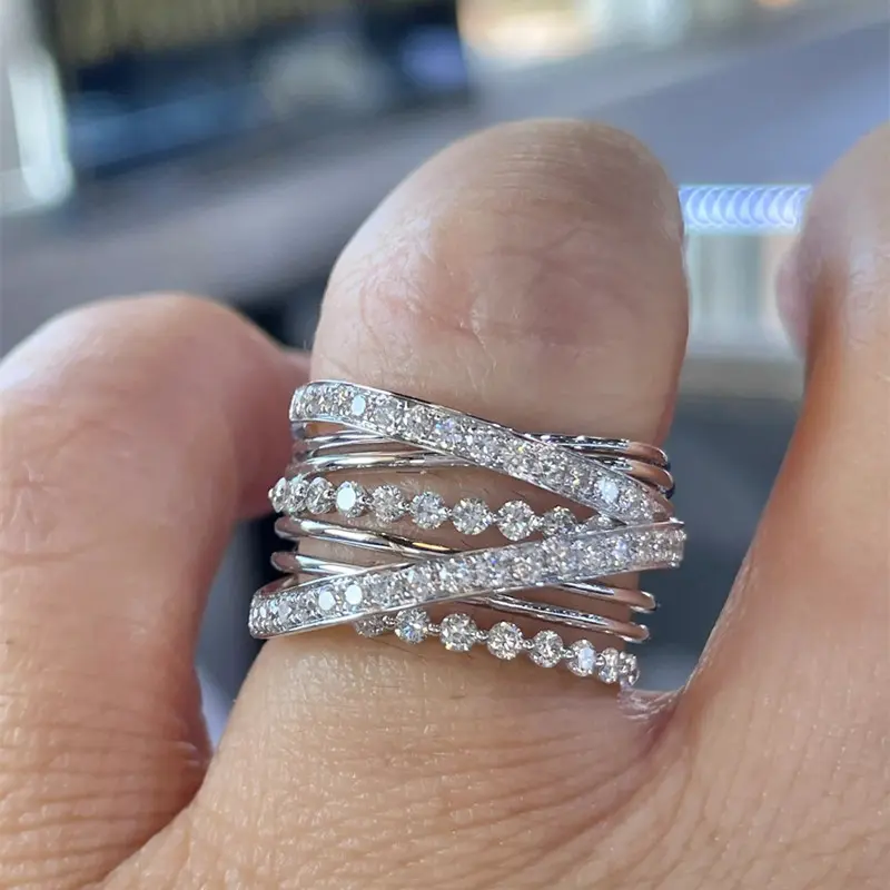Huitan Trendy Multi-layers Cross Rings for Women Luxury Fashion Wedding Bands Accessories Party Modern Cubic Zirconia Jewelry