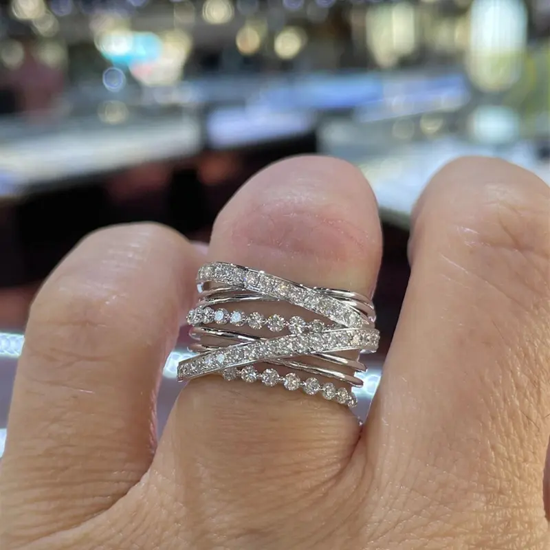 Huitan Trendy Multi-layers Cross Rings for Women Luxury Fashion Wedding Bands Accessories Party Modern Cubic Zirconia Jewelry