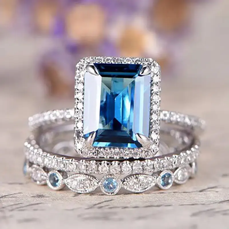 Huitan Fashion Square Blue Cubic Zirconia 3Pcs Set Rings Women Wedding Engagement Luxury Accessories Bling Bling Female Jewelry