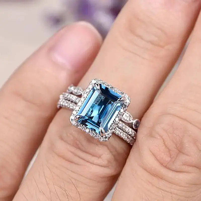 Huitan Fashion Square Blue Cubic Zirconia 3Pcs Set Rings Women Wedding Engagement Luxury Accessories Bling Bling Female Jewelry