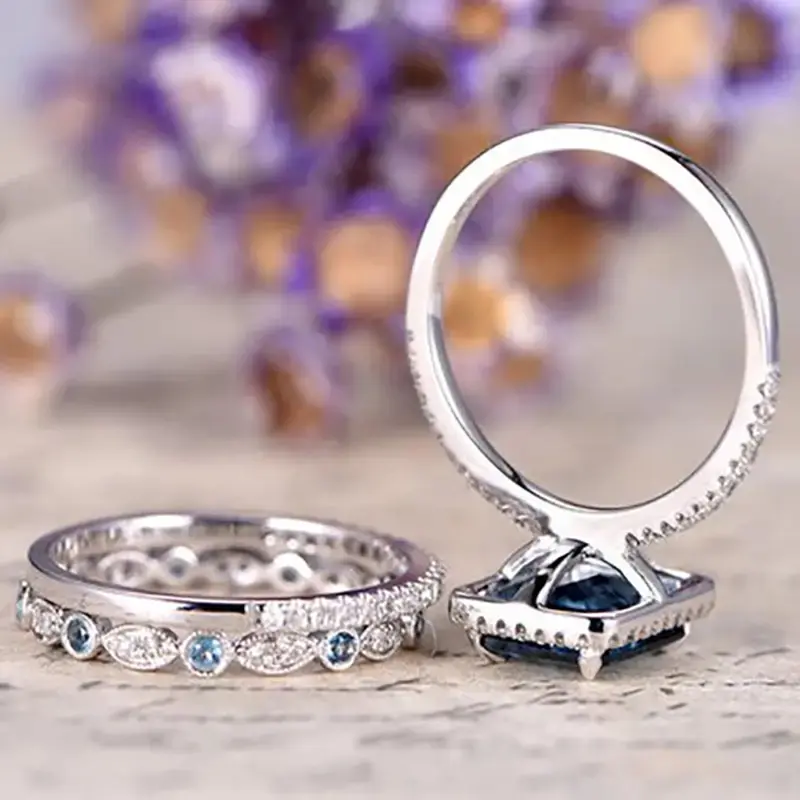 Huitan Fashion Square Blue Cubic Zirconia 3Pcs Set Rings Women Wedding Engagement Luxury Accessories Bling Bling Female Jewelry