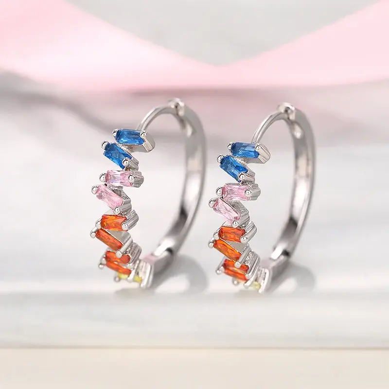 Huitan Bright Colorful Zirconia Hoop Earrings for Female Fashion Modern Accessories Silver Color Jewelry for Engagement Party