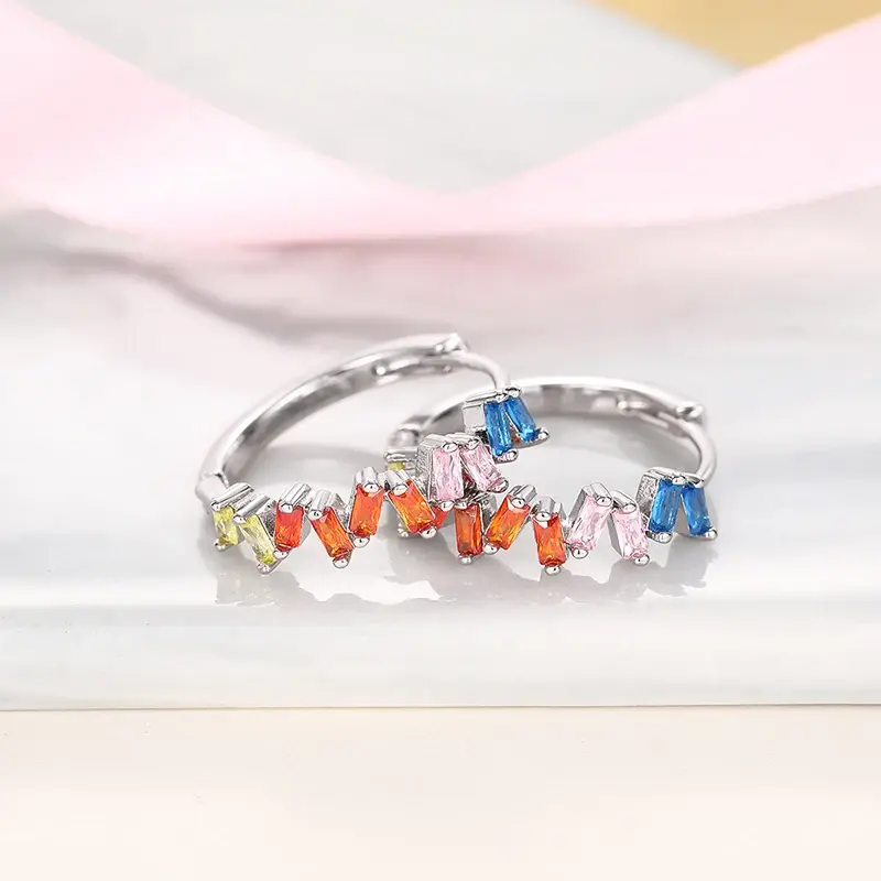 Huitan Bright Colorful Zirconia Hoop Earrings for Female Fashion Modern Accessories Silver Color Jewelry for Engagement Party