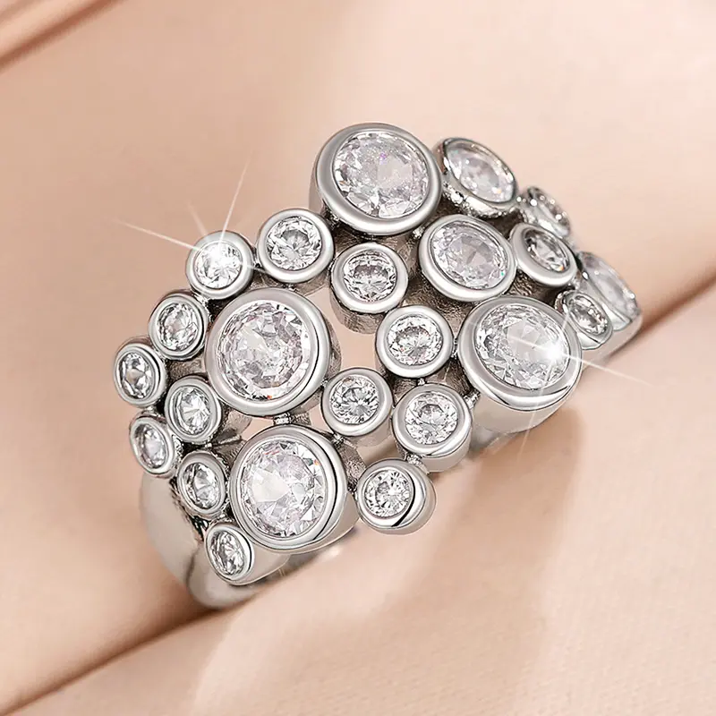 Huitan Trendy Women Rings Full with Round Cubic Zirconia Silver Color High-quality Wedding Bands Accessories Modern Jewelry 2023
