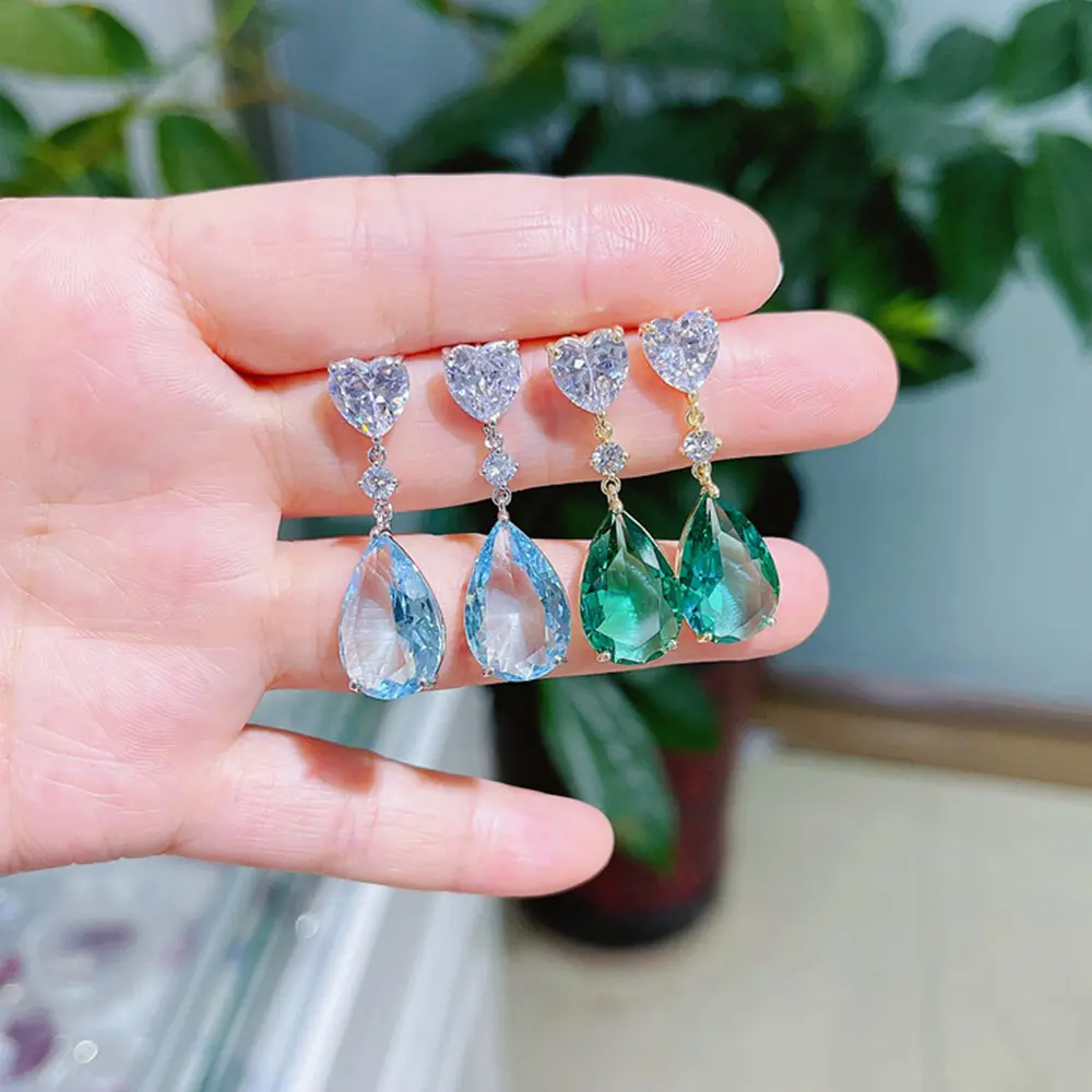 Huitan Blue/Green Pear Cubic Zirconia Drop Earrings Luxury Colorful CZ Earrings Women for Wedding Party 2022 New Trendy Jewelry
