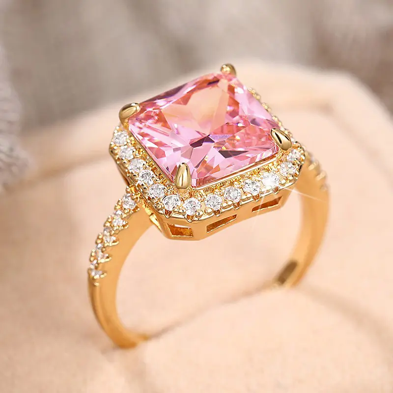 Huitan Temperament Sweet Pink CZ Women Rings Anniversary Party Luxury Trendy Female Accessories Fancy Girls Gift Fashion Jewelry