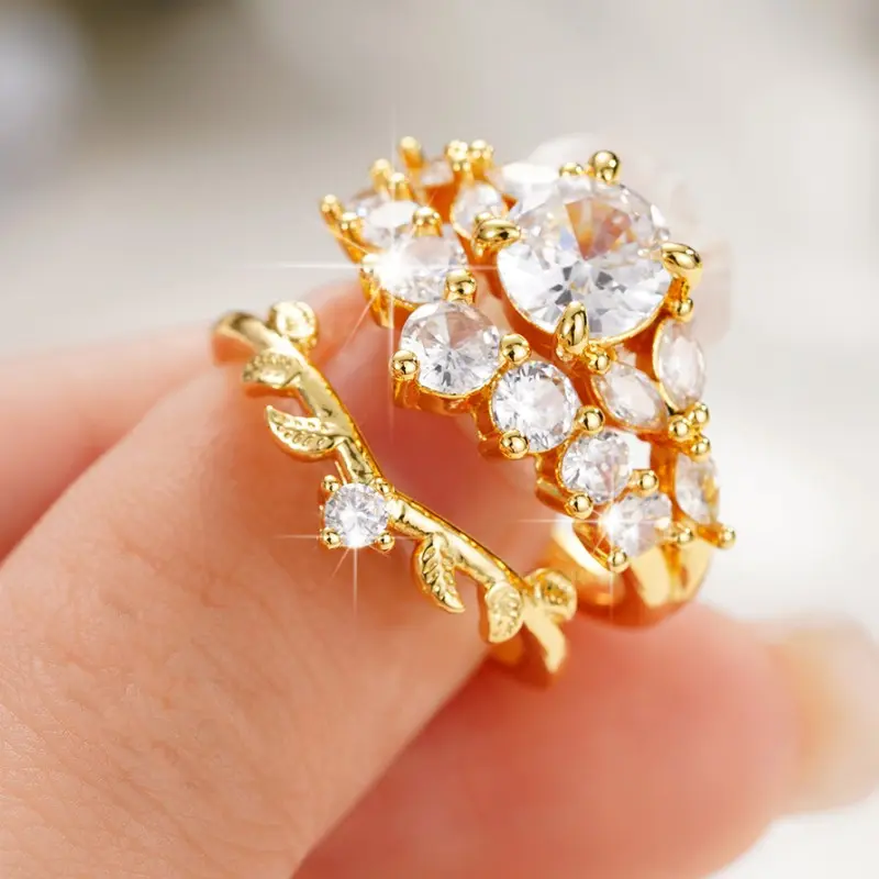 Huitan Special-interested 2Pcs Set Cubic Zirconia Rings for Women Fancy Leaf Shape Temperament Accessories Party Fashion Jewelry
