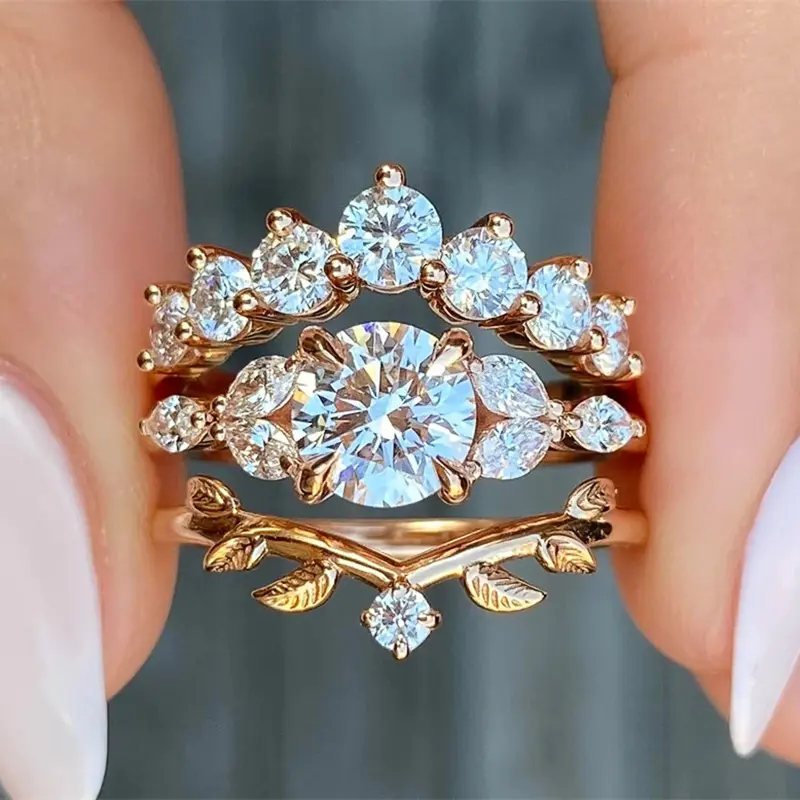 Huitan Special-interested 2Pcs Set Cubic Zirconia Rings for Women Fancy Leaf Shape Temperament Accessories Party Fashion Jewelry