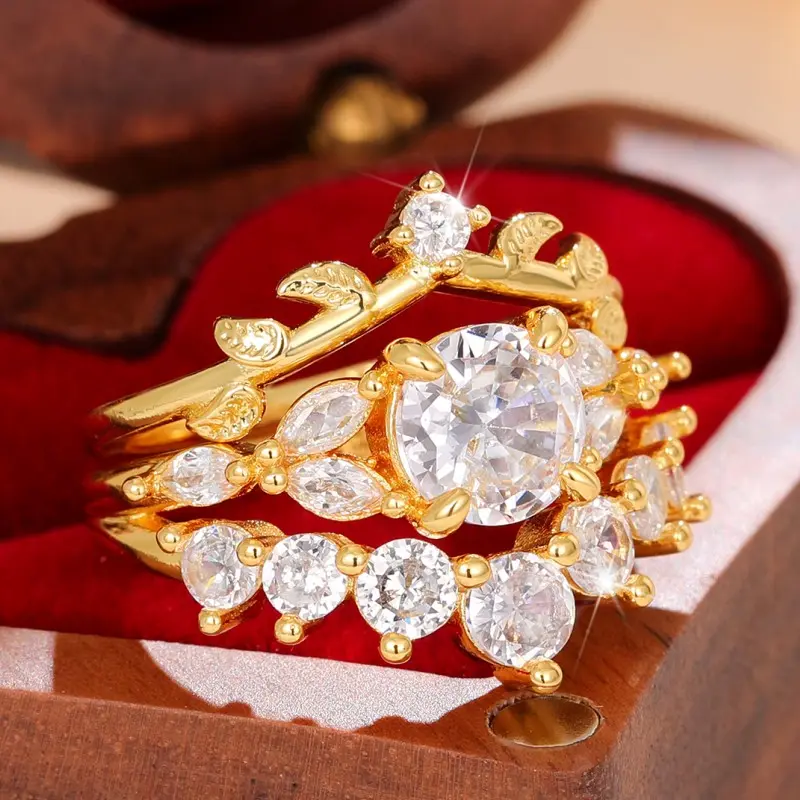 Huitan Special-interested 2Pcs Set Cubic Zirconia Rings for Women Fancy Leaf Shape Temperament Accessories Party Fashion Jewelry
