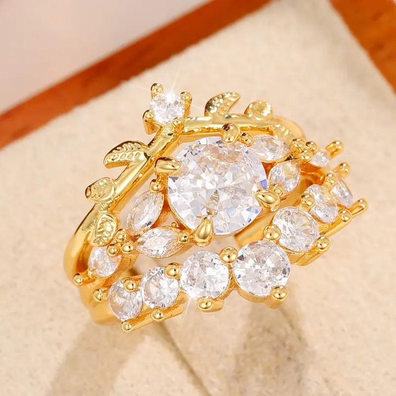 Huitan Special-interested 2Pcs Set Cubic Zirconia Rings for Women Fancy Leaf Shape Temperament Accessories Party Fashion Jewelry