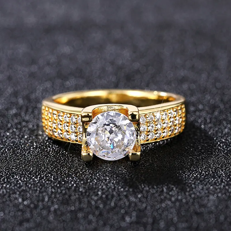 Huitan Trendy Gold Color Wedding Rings for Women Full Bling Iced Out Cubic Zirconia Modern Fashion Design Statement Lady Jewelry