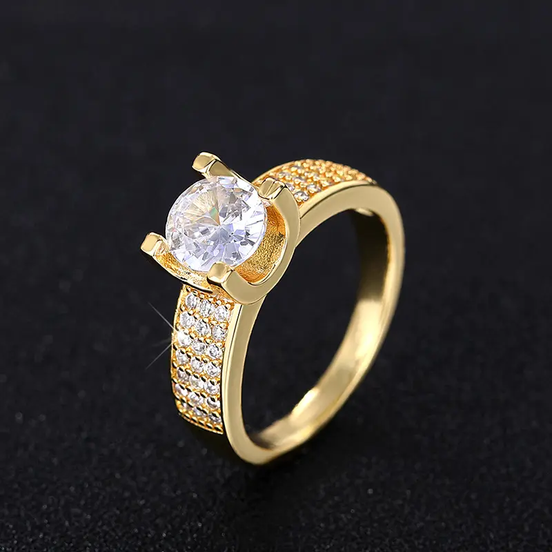 Huitan Trendy Gold Color Wedding Rings for Women Full Bling Iced Out Cubic Zirconia Modern Fashion Design Statement Lady Jewelry