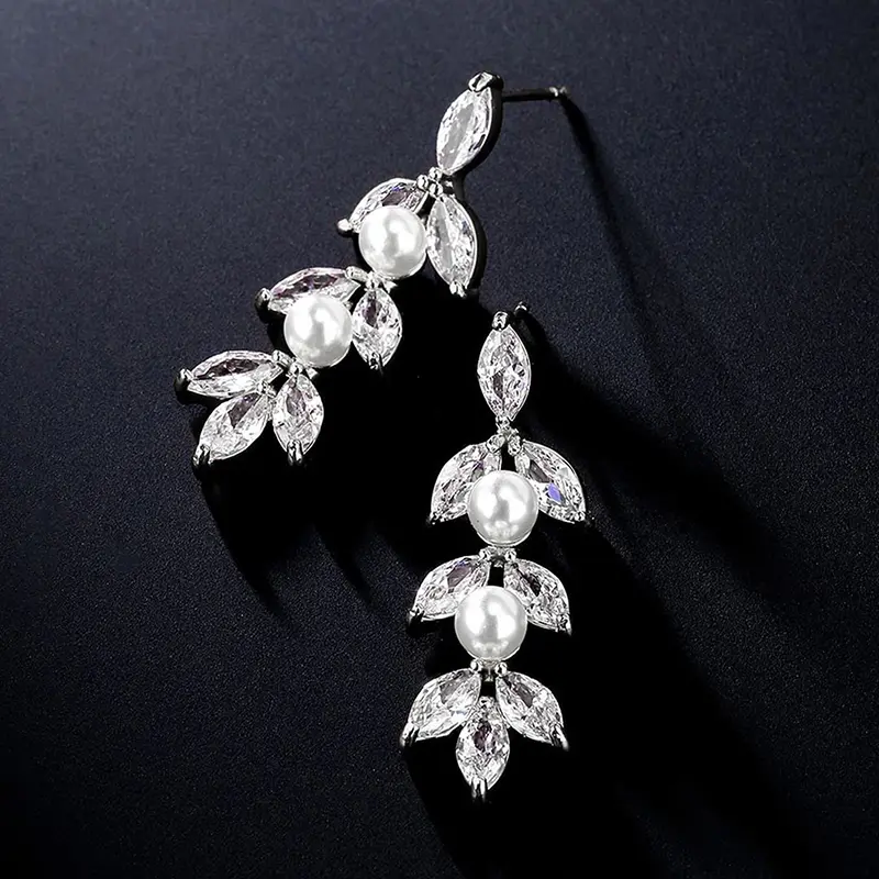 Huitan Gorgeous Imitation Pearl Long Hanging Earrings for Women Marquise CZ Leaf Shaped Romantic Female Earrings Fashion Jewelry