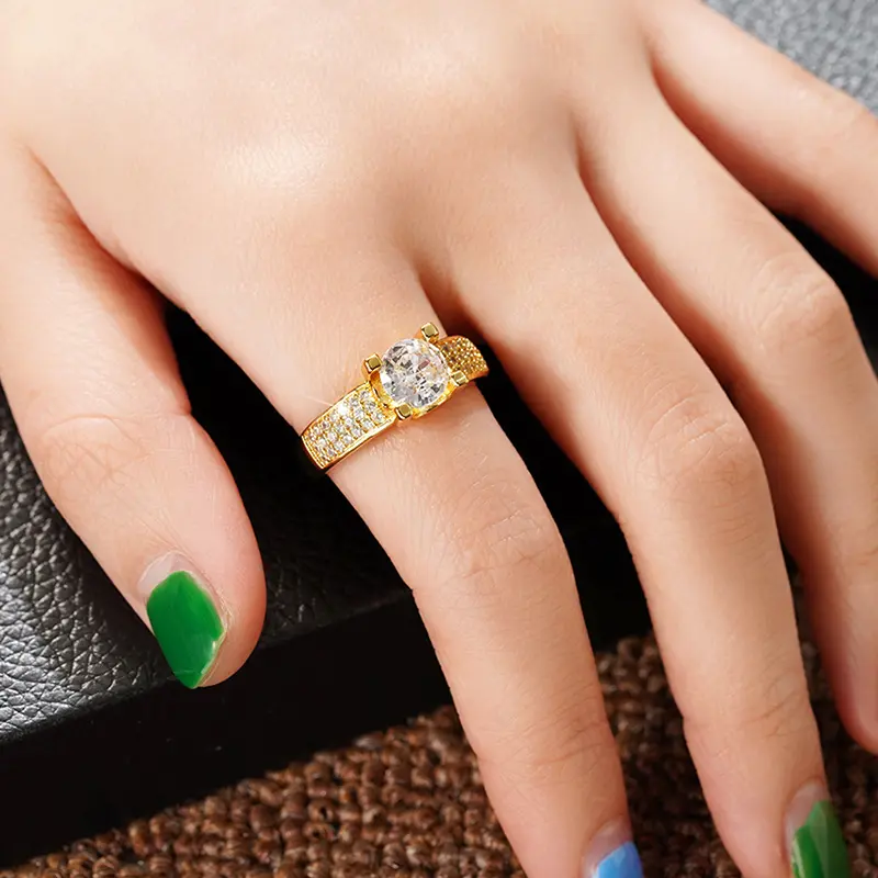Huitan Trendy Gold Color Wedding Rings for Women Full Bling Iced Out Cubic Zirconia Modern Fashion Design Statement Lady Jewelry