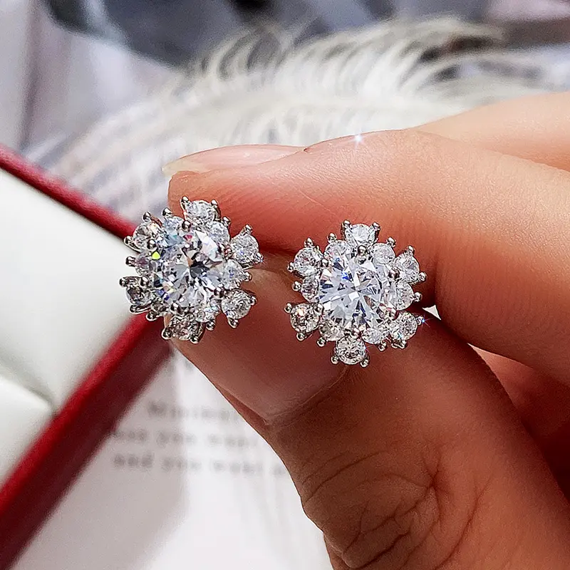 Huitan Cute Flower Stud Earrings with Crystal Cubic Zirconia Delicate Daily Wearable Accessories for Women Party Fashion Jewelry