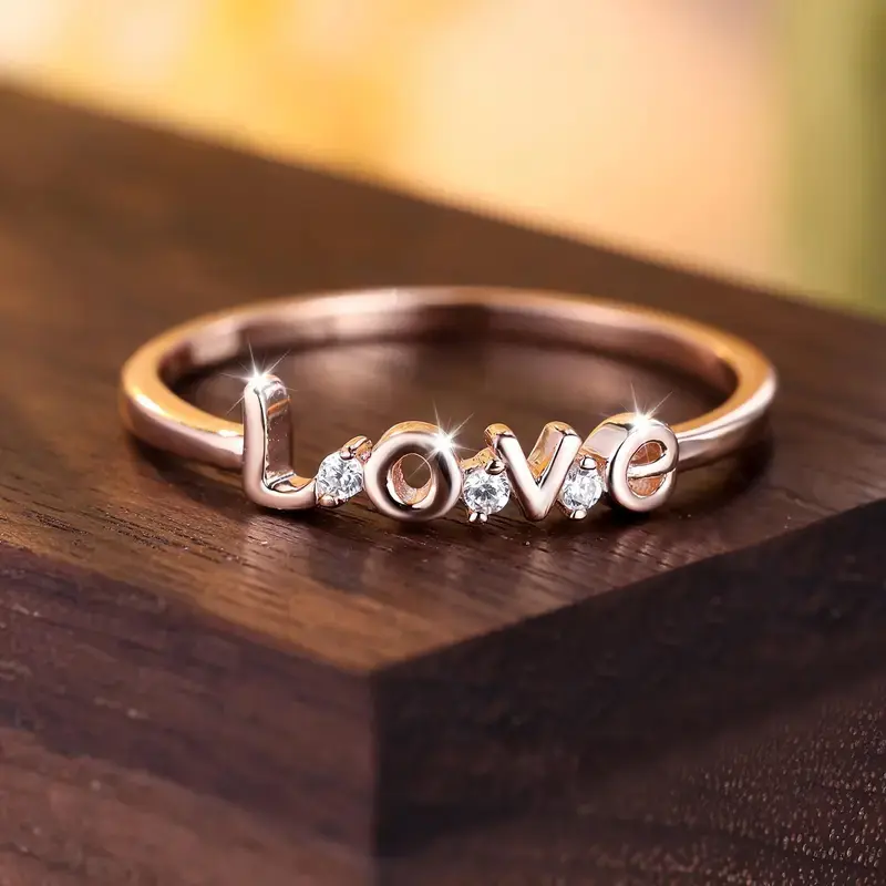 Huitan Dainty Rose Gold Color Love Ring with Cubic Zirconia for Lady Romantic Wedding Party Accessories Anniversary Jewelry Gift