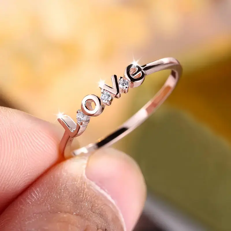 Huitan Dainty Rose Gold Color Love Ring with Cubic Zirconia for Lady Romantic Wedding Party Accessories Anniversary Jewelry Gift