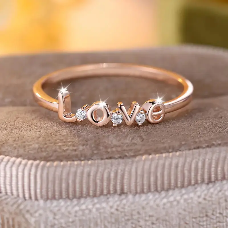 Huitan Dainty Rose Gold Color Love Ring with Cubic Zirconia for Lady Romantic Wedding Party Accessories Anniversary Jewelry Gift